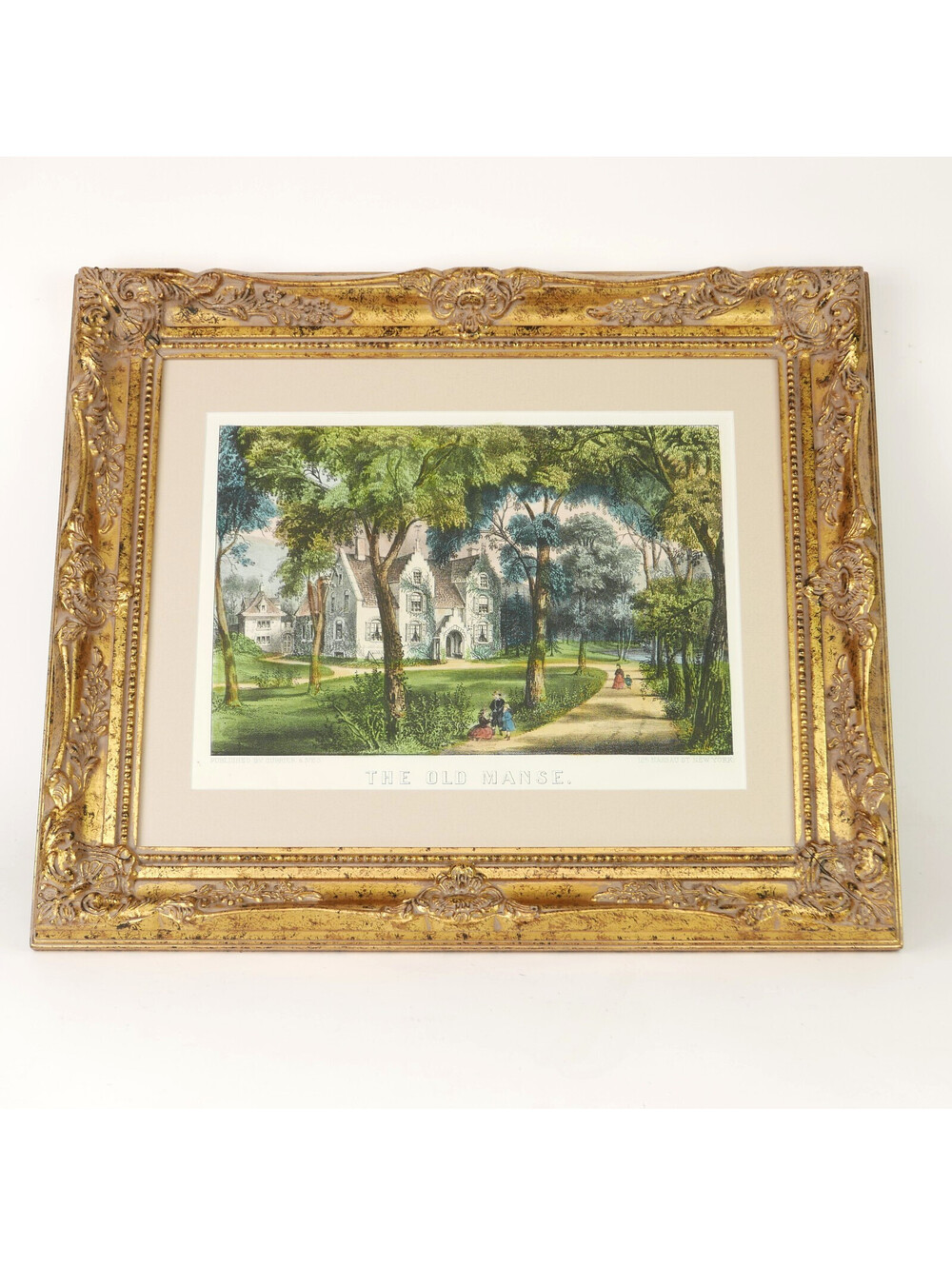 Antique Currier & Ives Hand Colored Lithograph The Old Manse Concord MA Framed